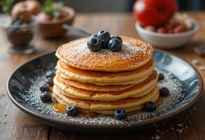 A stack of pancakes with blueberries and powdered sugar photo