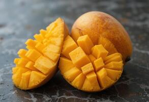 Mango cut in half with a slice of mango photo