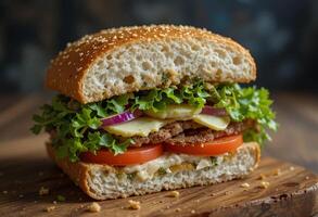 A hamburger with lettuce, tomato, onion and cheese photo