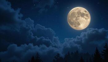 Full moon in the night sky with trees and clouds photo