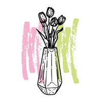 Hand drawn line art tulips bouquet in a vase. illustration of spring flowers. Elegant doodle of beautiful flowers on sketched background. Graphic assets for print and online designs. vector