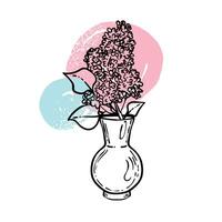 Hand drawn line art lilac in a vase. illustration of spring flower. Elegant doodle of beautiful flower on pink and blue sketched background. Graphic assets for print and online designs. vector