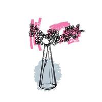 Hand drawn line art cherry blossom branch on a vase. illustration of spring flower. Elegant doodle of beautiful flower on pink sketched background. Graphic assets for print and online designs. vector