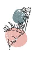 Hand drawn line art magnolias on a branch. illustration of spring flowers. Doodle of beautiful flowers on green and beige sketched background. Graphic assets for print and online designs. vector