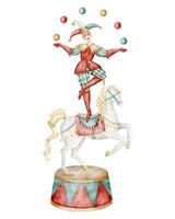 Watercolor illustration of a Clown balancing on white Circus Horse atop a pedestal. Drawing with Jester Juggles colorful balls for Carnival festival on isolated background. Art for Performance design. vector