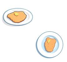 A plate with a chicken cutlet and a plate with a lemon vector