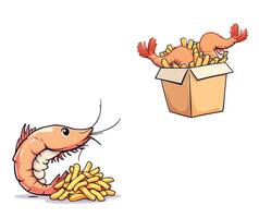 Cartoon shrimp and fries in a box vector