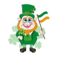 Cartoon leprechaun with Ireland's flag with bouquet of clover. St. Patrick's Day post card, decorative element. Shamrock luck symbol. vector