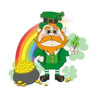 Cartoon leprechaun with pot of gold with bouquet of clover. St. Patrick's Day post card, decorative element. Shamrock luck symbol. vector