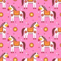Seamless pattern with cute horses, flowers on a pink background. Pop art style background vector