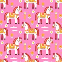Seamless pattern with cute horses, flowers and clouds on a pink background. Pop art style background vector