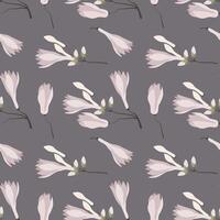 Seamless pattern with delicate magnolia flowers on a gray background. Floral pattern. Flat style illustration. vector
