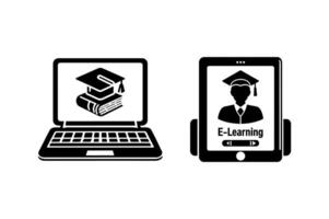 Black icon set illustrating digital learning concepts. vector