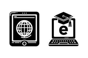 Silhouette icons depict a laptop and a tablet representing e-learning. vector