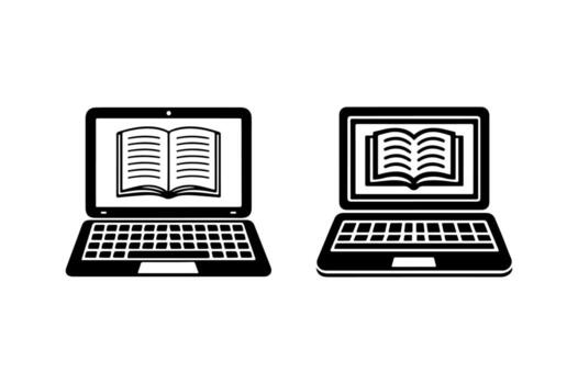 Two black and white illustrations of laptops displaying open books on their screens. vector