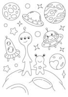 Coloring page with two alien, spaceship and moon. template for children coloring book, print and poster. vector