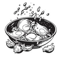 Pan with eggs sketch style illustration. Old engraving imitation. Pan with eggs hand drawn sketch imitation vector