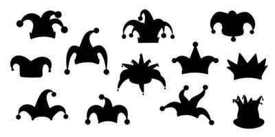 Set of jester hat silhouettes in various styles. Black carnival and clown headwear icons for design projects, decorations, and festive themes. Perfect for logos, stickers, and digital illustrations. vector