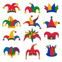 Collection of colorful jester hats in various styles. Festive and playful headwear for carnival, circus, and celebration designs. Suitable for posters, invitations, stickers. vector