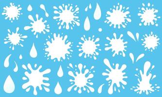Set of white liquid splashes and drops on a blue background. Abstract fluid elements for design, decoration, stickers, labels, packaging, and creative projects. vector