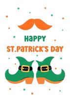Happy St Patricks Day greeting card, illustration. Cute colorful leprechaun elements in Irish colors. Saint Patrick Day March 17 vertical card with text. vector