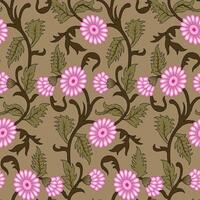 a pattern with pink flowers and leaves on brown background vector