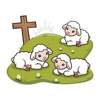 Content Sheep Resting on grass with christian cross vector