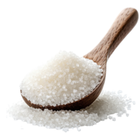 Granulated white sugar in a wooden spoon with scattered crystals on a clean background for culinary and baking use png