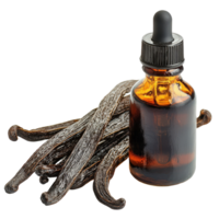Brown glass bottle with dropper containing pure vanilla extract beside dried vanilla beans for culinary use png