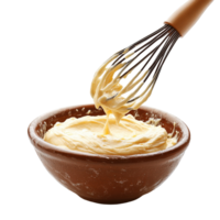 Whisk Mixing Creamy Batter in Rustic Bowl with Wooden Utensil for Baking Delicious Pastry or Cake Preparation png