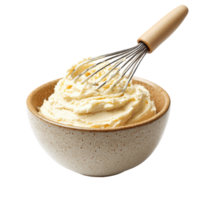 Creamy Butter Mixture Whipped to Perfection in a Rustic Bowl with a Whisk Ready for Cooking and Baking Applications png