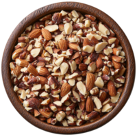 Mixed Nuts and Chopped Almonds in a Wooden Bowl for Healthy Snack Options and Recipe Ingredients Display png