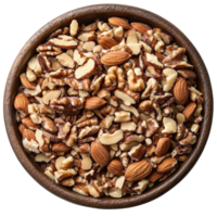 A close up view of a wooden bowl filled with a variety of nuts including walnuts, almonds, and chopped nuts png