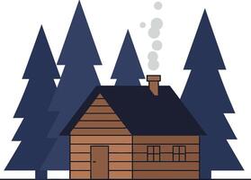 Cozy wooden cabin surrounded by tall evergreen trees in flat art vector
