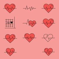 Heart illustrations featuring heartbeat patterns in a minimal flat design style as art vector