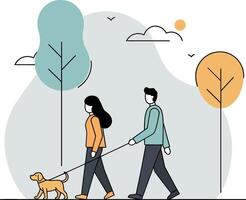 Two people walking a dog in a park setting with trees and clouds in flat art vector