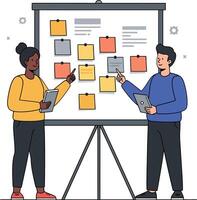 Two coworkers discussing project ideas in a flat design style illustration vector