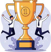 Two jubilant men celebrating victory with a large gold trophy in flat art vector