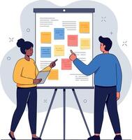 Two colleagues discussing ideas in a modern office setting with colorful sticky notes in flat illustration vector
