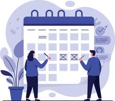 Two people planning together with a calendar in a minimal flat design illustration vector