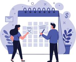Two people discussing plans with a calendar in a flat, minimal design illustration vector