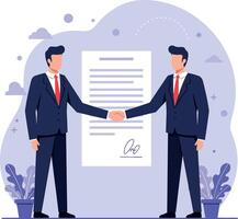 Two business professionals shaking hands in formal attire on a light background, flat illustration vector