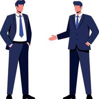 Two business professionals in dark suits engaging in conversation with a minimal and modern design style illustration vector
