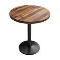 A round wooden table with a black metal pedestal base, isolated on a transparent background png