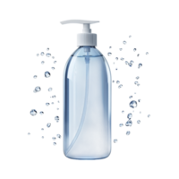 Transparent liquid soap dispenser bottle with pump, surrounded by water droplets, isolated on a transparent background png