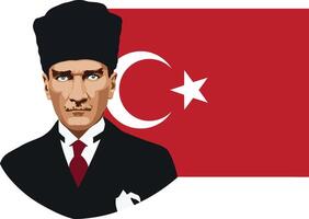 Mustafa Kemal Ataturk, the founder of the Republic of Turkey with sharp features and a serious expression, stands with confidence that is framed by a Turkish flag and symbolizes patriotism. vector
