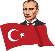 Mustafa Kemal Ataturk, the founder of the Republic of Turkey with sharp features and a serious expression, stands with confidence that is framed by a Turkish flag and symbolizes power. vector