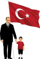Mustafa Kemal Ataturk and a child stand together to symbolize the unity and pride against the background of the Turkish vector