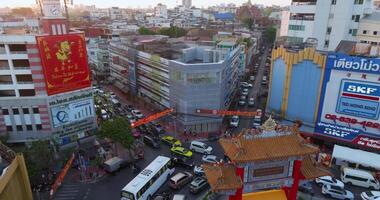 Aerial view of the Chinatown Gate or Odeon Circle, The most famous tourist attraction in Bangkok, Thailand video