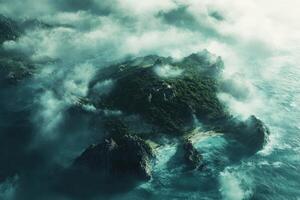 A Mystical Island Enveloped in Fog and Surrounded by Ocean photo